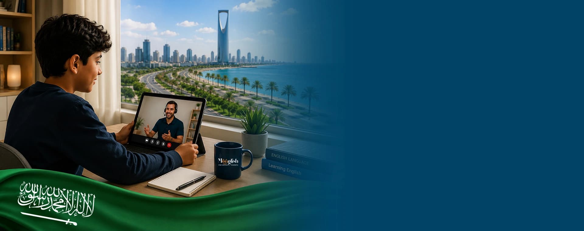 طفل يتعلم الإنجليزية أونلاين مع مدرس من أهل اللغة وخلفية معالم مدينة جدة
